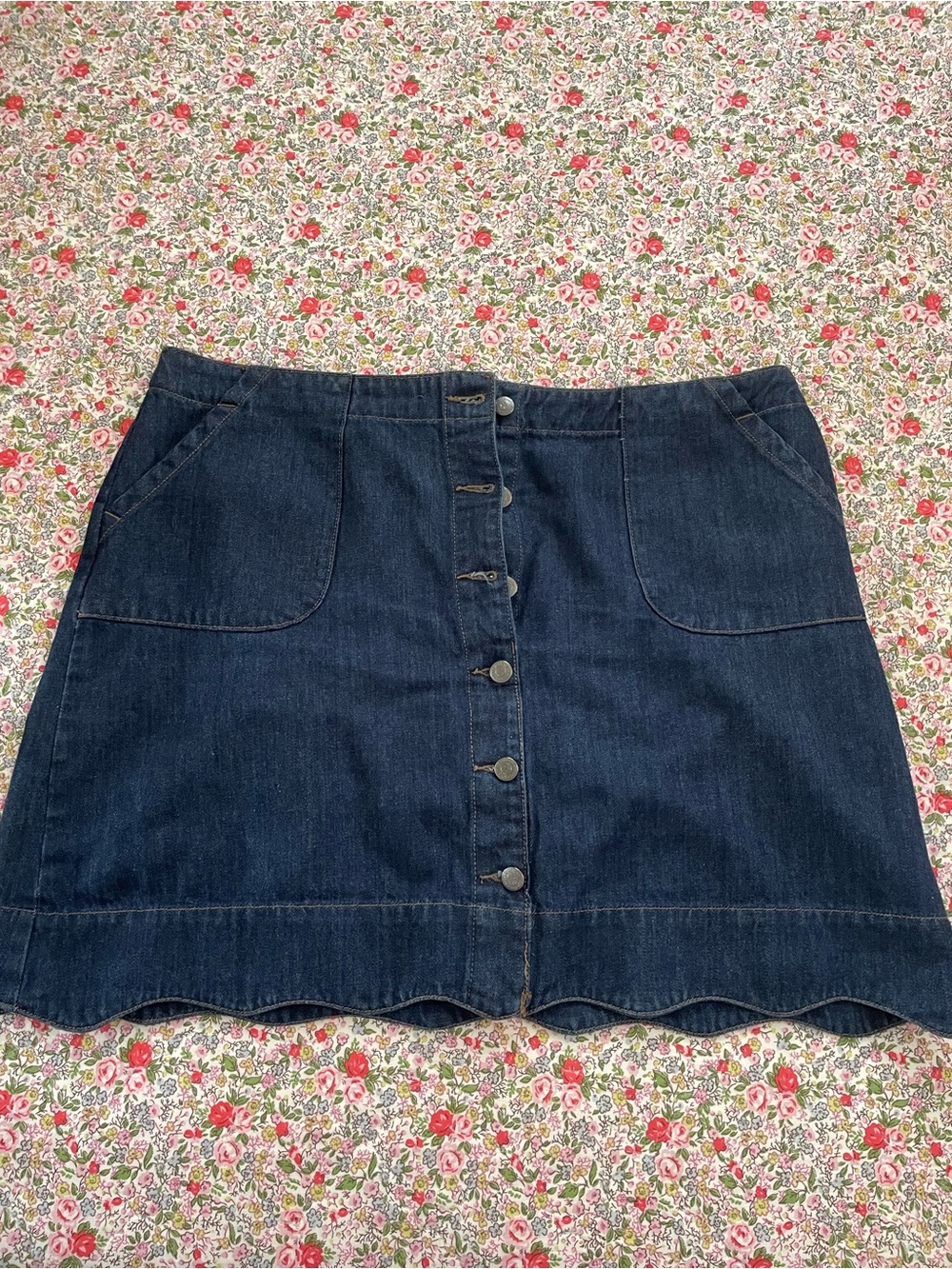 Joanie Navy Denim Button-Front Mini Skirt with scallops